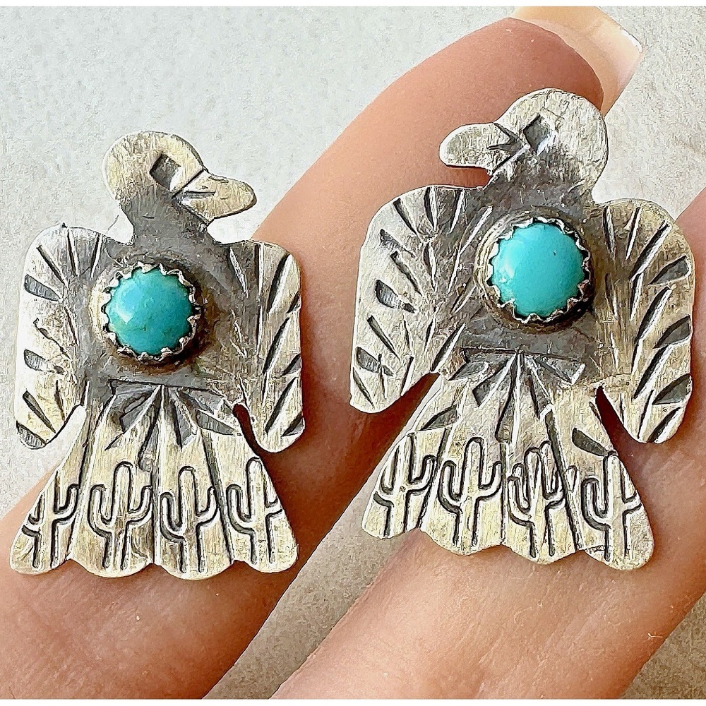 Thunderbird Navajo Earrings Turquoise Stamped Sterling 925 Post Stud Native Amer